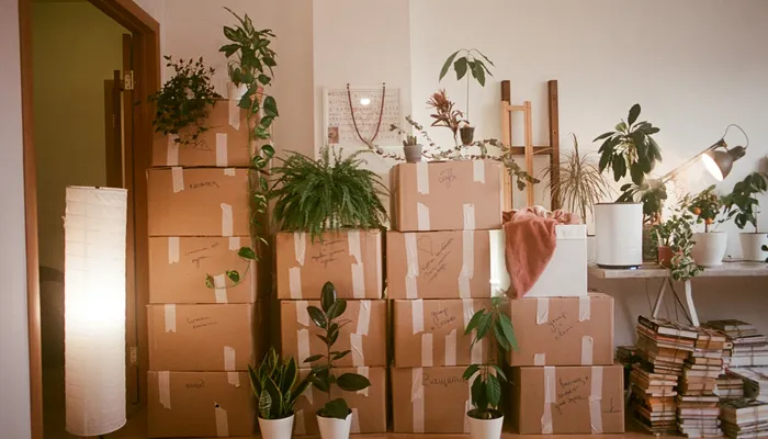 Cartons de déménagement et plantes dans un bureau